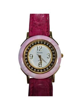 Xanadu Women's Pink Rhinestone Bezel Gold Tone Analog Watch w/ Leather Strap